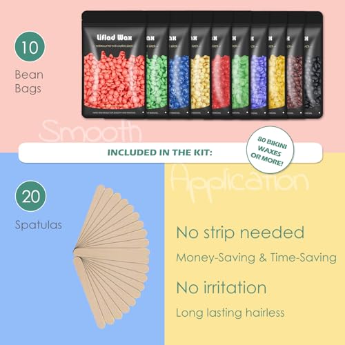 Hard Wax Beads for Hair Removal - 2.2 lb, 10 Pack with Spatulas for Face, Body, Bikini