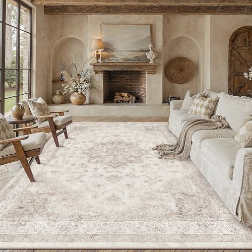 PureCozy Beige Washable Area Rug 8x10 Low Pile Vintage Oriental Carpet