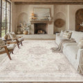 PureCozy Beige Washable Area Rug 8x10 Low Pile Vintage Oriental Carpet
