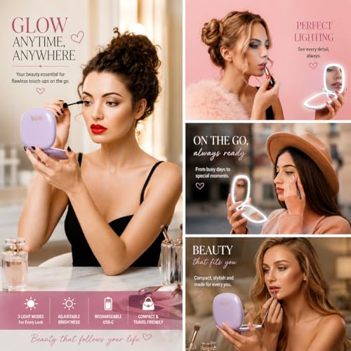 Lighted Makeup Mirror with 10X Magnification, Dimmable LED, Portable USB Rechargeable - Lavender