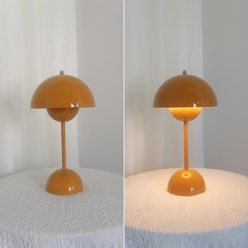 Cordless Rechargeable Flower Bud Mushroom Table Lamp - Brown Red, 12 Inch
