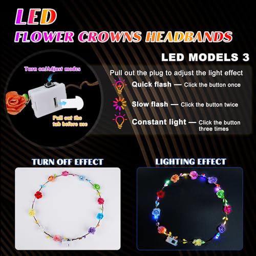100 PCS Light Up Flower Crowns for Women - LED Floral Headbands for Weddings, Parties & Celebrations