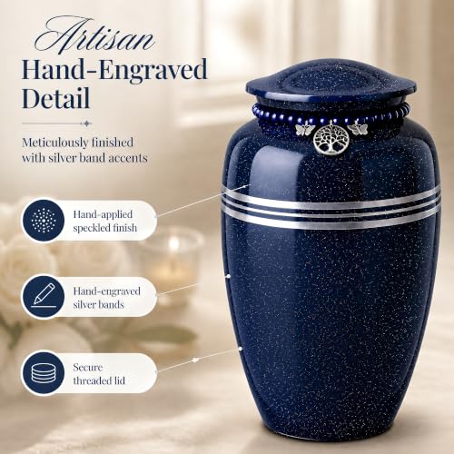Blue Metal Cremation Urn for Adults 220 lbs - MemoryNest Memorial Urn with Silver Bands & Tree of Life Charm