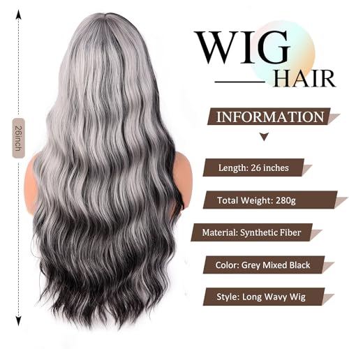 TOZIKA 26 Inch Grey and Black Wavy Wig with Bangs for Women - Long & Natural
