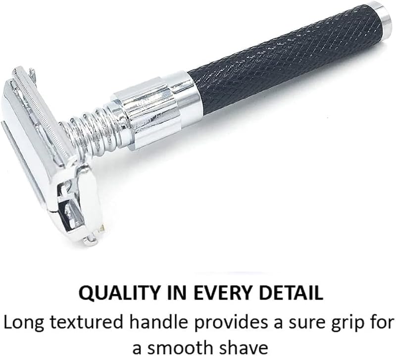 Double Edge Safety Razor with Long Handle and Heavyweight Metal Design