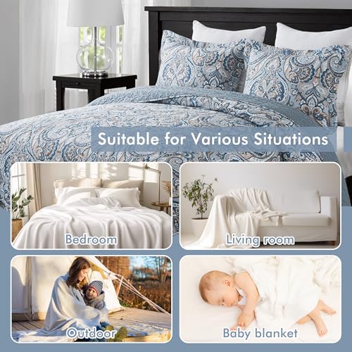 Cotton King Size Reversible Quilt Set with Pillow Shams - Blue Tan Paisley, All Season Bedspread