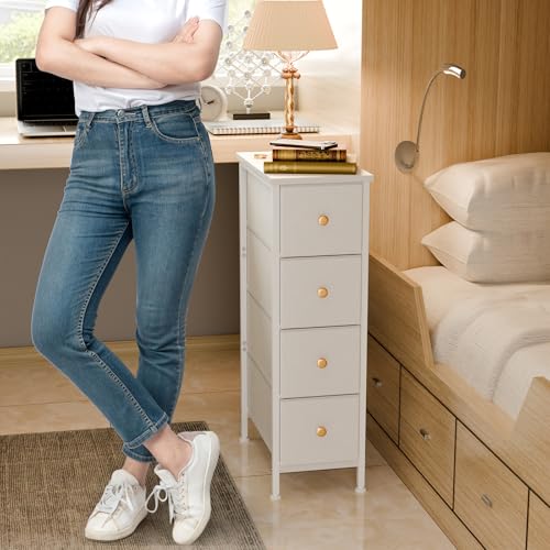 Fixwal Narrow Storage Cabinet - Slim White Dresser with 4 Fabric Drawers, 16.5 x 9.5 x 29.5 Inches