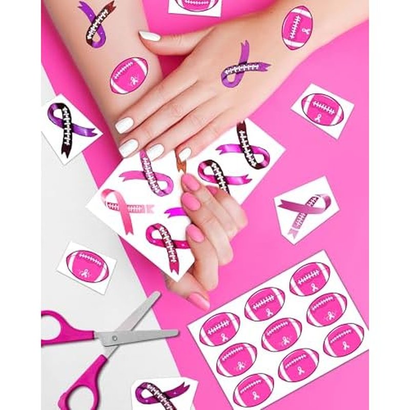 20 Sheets Pink Out Football Breast Cancer Awareness Temporary Tattoos Stickers,170 Pieces Pink Football Ribbon Themed Tattoos Stickers Party Decoration Supplies favors for Kids Adults