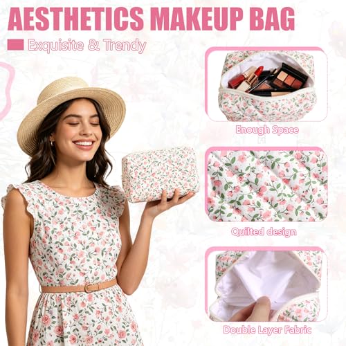 Giesiery Floral Cotton Quilted Makeup Bags Set of 8 Travel Cosmetic Pouches