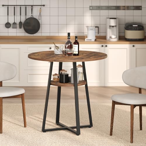 Round Dining Table for 2-4 with Storage Shelf - Rustic Brown & Black, 31.5 Inch