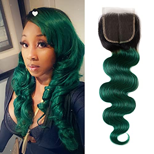 14 Inch Green Lace Closure Body Wave Human Hair Extensions - Ombre Pre Plucked With Baby Hair