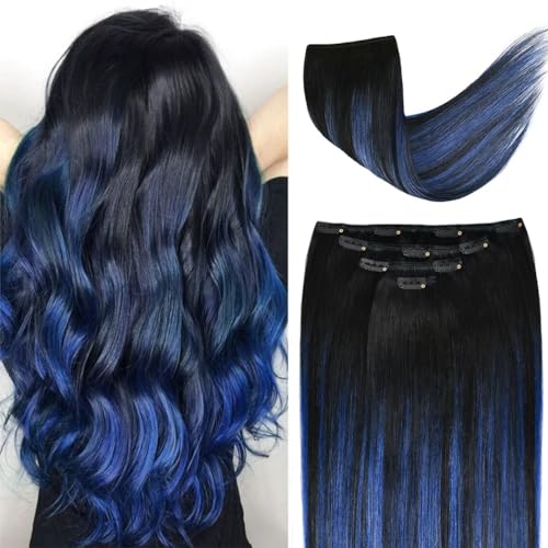 20-Inch Clip-In Hair Extensions Remy Human Hair Blue Balayage - 4 Pieces, T1B/Blue, 83g