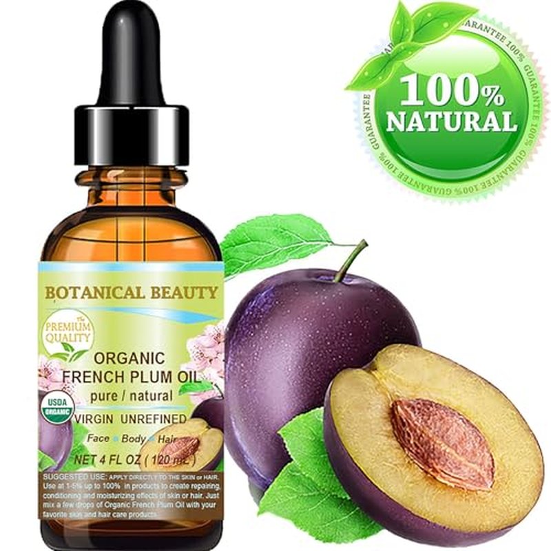 Botanical Beauty Organic French PLUM OIL 100% Pure Natural VIRGIN UNREFINED Cold-Pressed Carrier Oil for Face, Skin, Body, Hair, Lip, Nails. Rich in Vitamin E, Omega 6, Omega 9 (4 Fl Oz)