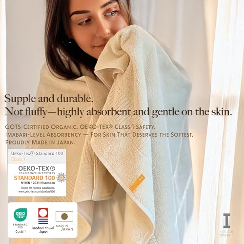 Organic Cotton Bath Towels Set of 2 Ivory - Quick-Dry & Highly Absorbent, Made in Japan