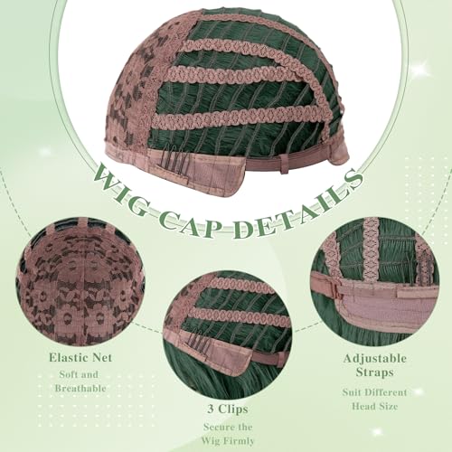 NAYOO Dark Green Wavy Bob Wig with Bangs - 14 Inch Short Green Synthetic Hair for Daily Wear & Cosplay