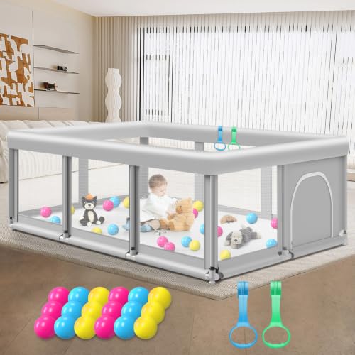 Large Baby Playpen 74x50x27 Inches with Soft Mesh, Anti-Slip Base - Grey