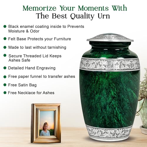 Large Hand-Engraved Green Marble Cremation Urn for Adults with Ash Pendant & Velvet Bag - 220lbs Capacity