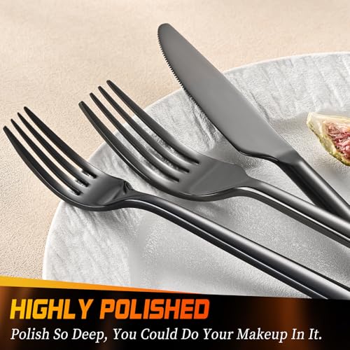 TININA Black 40-Piece Stainless Steel Flatware Set for 8 - Modern Round Handle, Mirror Finish, Dishwasher Safe