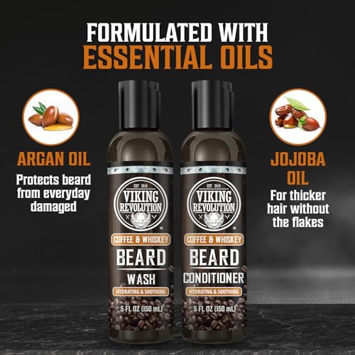Viking Revolution Beard Wash and Beard Conditioner for Men with Argan Oil and Jojoba Oil- Beard Softener and Strengthener Beard Care Beard Shampoo and Conditioner with Ginseng Root(5oz,Coffee Whiskey)