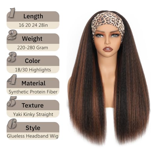 20 Inch Kinky Straight Headband Wig for Black Women 1B/30 Ombre Brown