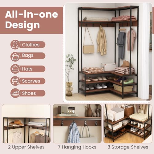 GIANTEX Walnut & Black Corner Coat Rack with Bench & Shoe Storage - L-Shaped Hall Tree