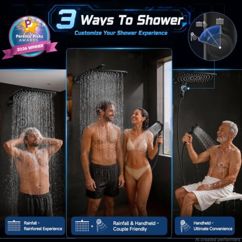 Matte Black 14-Inch Shower Head with Handheld & Full Body Coverage - Power Wash