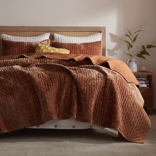 King Size Burnt Orange Velvet Quilt Set with 2 Shams - All Season Lightweight Comforter