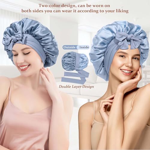 Ufgin 100% Mulberry Silk Sleep Bonnet for Women Double Layer Haze Blue & Sky Blue