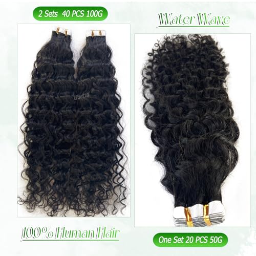 Water Wave Tape-in Hair Extensions 16 Inch Natural Black Remy Human Hair - #1B(WW) / 50g/Pack 20pcs