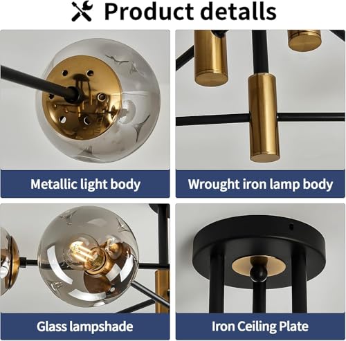 Modern Black and Gold Glass Globe Sputnik Ceiling Light Fixture - Semi-Flush Mount for Living Room, Kitchen, Bedroom