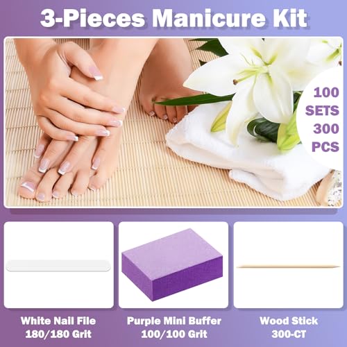 Disposable Manicure Kit Set with Nail Files Buffers & Wooden Sticks - 100 Sets