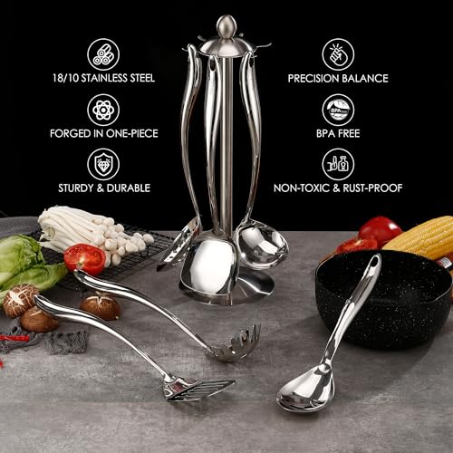 Stainless Steel Cooking Utensil Set with Rotating Holder - 7-Piece Kitchen Tools