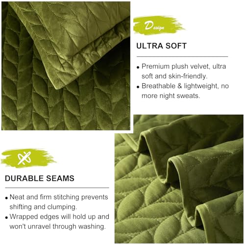 King Size Velvet Quilt Set with Embroidered Leaf Design - Green Reversible Bedspread, 3 Pieces