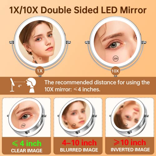 Gospire 7-Inch Lighted Makeup Mirror with 1X/10X Magnification, Silver, Height Adjustable