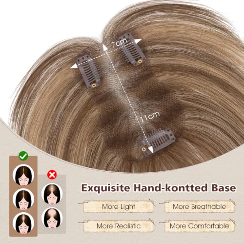 Rich Choices Human Hair Topper with Side Bangs, 11 Inch, Medium Brown Highlight Dark Blonde, Remy Toppers for Women