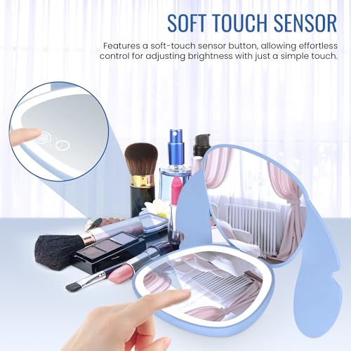Impressions Vanity Stitch Ohana LED Compact Mirror with Lights, Lighted Travel Makeup Mirror with 3X Magnification, Adjustable Brightness, and Soft Touch Velvety Finish, Auto Shut-Off