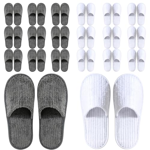 20 Pairs Non-Slip Disposable Slippers for Guests - White & Gray, Big Kid, Bulk Hotel & Spa Slippers with Pouch