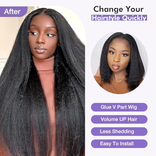 Natural Black 20in Kinky Straight V-Part Wig 180% Density, Glueless U Part Short Clip-In