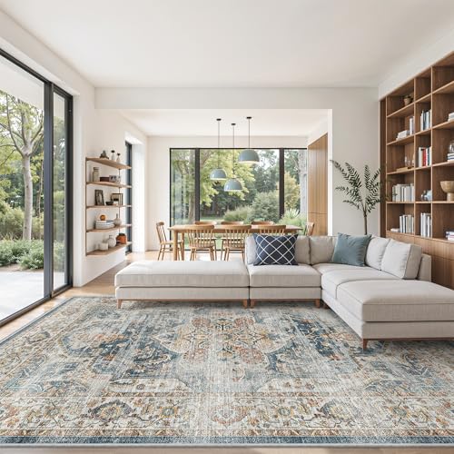 Navy 8x10 Area Rug - Washable Non-Slip Vintage Living Room Carpet