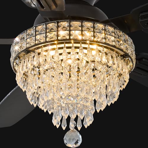 Crystal Ceiling Fan with Light - 50 Inch Black Fandelier with Remote Control - Low Profile Modern Fan