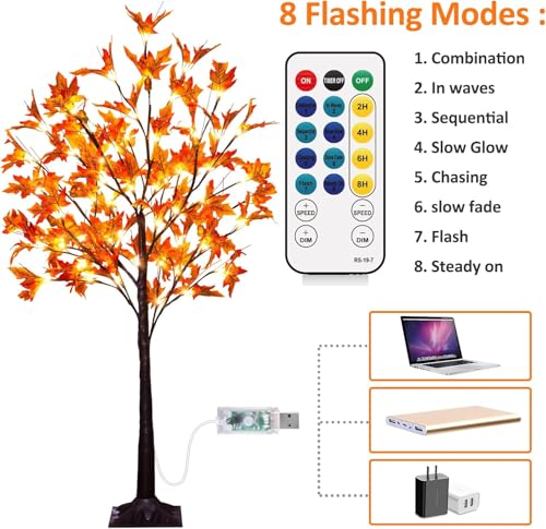 4Ft Lighted Artificial Maple Tree for Fall & Thanksgiving Decor, 60 LED Dimmable & Flashing Modes