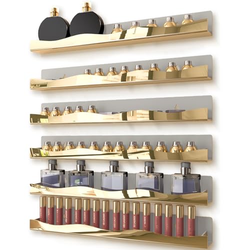 YMVV Wall-Mounted Nail Polish Shelves, 5-Inch Gold Mirror Finish Nail Polish Organizer Rack, Makeup Sunglasses Essential Oil Storage Display Rack 6 Pack