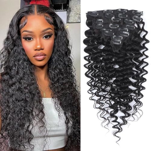 Clip-In Hair Extensions 16 Inch Remy Human Hair Deep Wave Curly Black 8Pcs 100g Variation of THIS listing