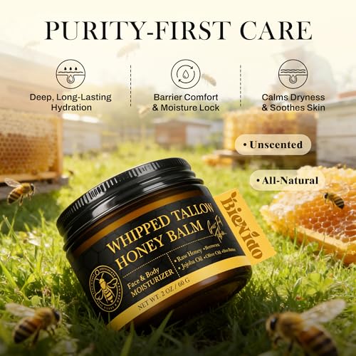 Organic Grass-Fed Tallow Balm for Face: Whipped Beef Tallow Cream with Raw Honey for Sensitive and Dry Skin, Natural Formula for Soothing & Deep Hydration