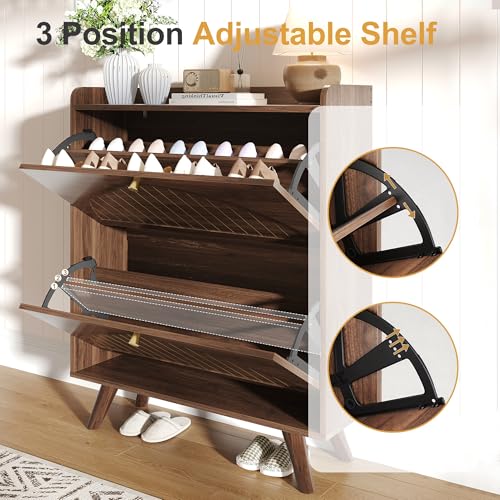 Walnut Shoe Cabinet with 2 Flip-Down Drawers and Adjustable Shelves - 37.6 Inch