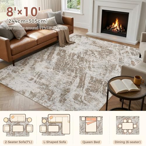 8x10 Brown Abstract Washable Area Rug Non-Slip Indoor Carpet - Modern Home Decor