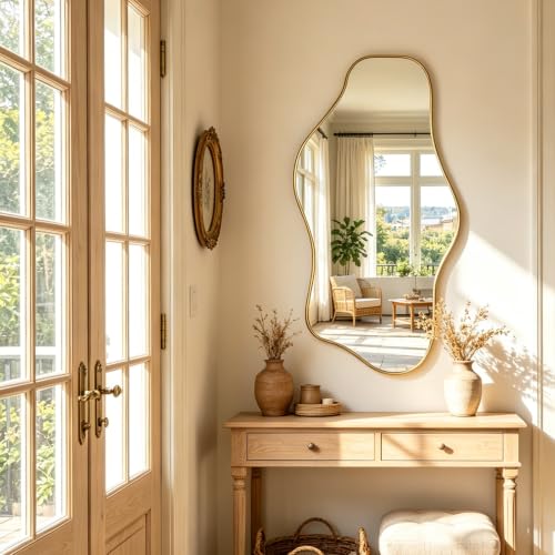 Gold Irregular Frameless Wall Mirror 35.8x17.7 Inches - Asymmetrical Decorative Mirror