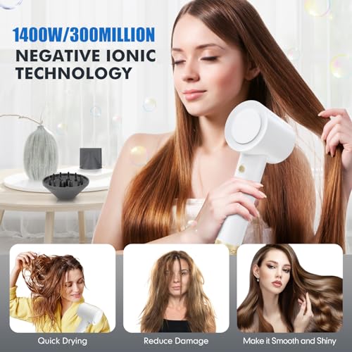 White Ionic Hair Dryer with Diffuser, Compact & Lightweight, 110V, For All Hair Types - Homdigrk C05