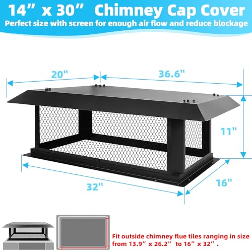 Black Galvanized Steel Chimney Cap Cover 14x30 for Outdoor Fireplace Ventilation