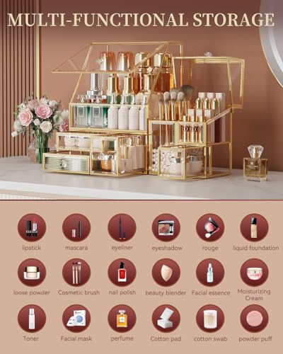 CoralHouse Clear Glass Makeup Organizer with Brush Holder - Modular Vanity Storage